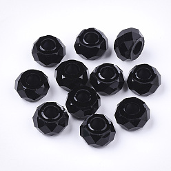 Black Transparent Resin Beads, Large Hole Beads, Faceted, Rondelle, Black, 14x8mm, Hole: 5.5mm