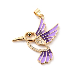 Lilac Brass Micro Pave Clear Cubic Zirconia Pendants, with Enamel, Long-Lasting Plated, Real 18K Gold Plated, Bird, Lilac, 33.5x31x2mm, Hole: 3x4mm