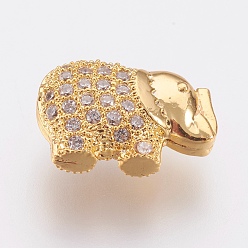 Golden Brass Micro Pave Cubic Zirconia Beads, Lead Free & Cadmium Free, Elephant, Golden, 8.5x13x5mm, Hole: 0.8mm