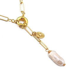 Golden Natural Baroque Pearl Keshi Pearl Lariat Necklaces, with Brass Paperclip Chains and Spring Ring Clasps, Oval, Golden, 18.90 inch(48cm), pearl: 13~20mm long, 6~10mm wide