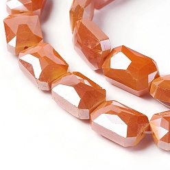 Orange Electroplate Glass Beads Strands, Pearl Luster Plated, Faceted Rectangle, Orange, 13.5~14x10x6.5~7mm, Hole: 1.2mm, about 22pcs/strand, 12.2 inch(31cm)