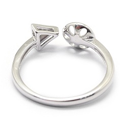 Platinum Adjustable Rhodium Plated 925 Sterling Silver Cuff Finger Ring Components, For Half Drilled Beads, with Cubic Zirconia, Clear, Triangle, Platinum, Size: 7, 17mm, Tray: 6mm, Pin: 0.6mm