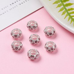 Rose Clair Perles européennes en strass d'alliage , Perles avec un grand trou   , rondelle, couleur argent plaqué, rose clair, 11x6mm, Trou: 5mm