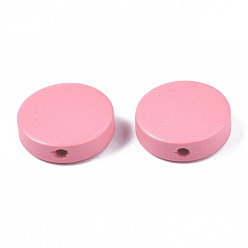 Pink Painted Natural Poplar Wood Beads, Flat Round, Pink, 20x5mm, Hole: 1.4mm