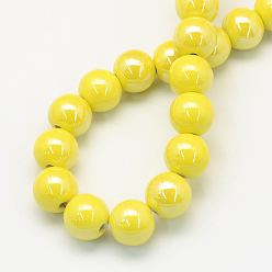 Yellow Pearlized Handmade Porcelain Round Beads, Yellow, 11mm, Hole: 2mm