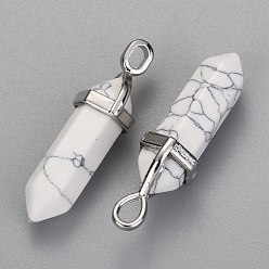 Howlite Synthetic Howlite Pointed Pendants, with Platinum Tone Random Alloy Pendant Hexagon Bead Cap Bails, Bullet, 36~40x12mm, Hole: 3x4mm, Gemstone: 8mm in diameter