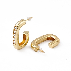 Настоящее золото 18K Пластиковые овальные серьги-гвоздики с жемчугом, латунные серьги-кольца для женщин, без свинца и без кадмия, реальный 18 k позолоченный, 29x18x5 мм, штифты : 0.9 мм