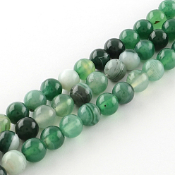 Medium Sea Green Dyed Natural Striped Agate/Banded Agate Round Bead Strands, Medium Sea Green, 4mm, Hole: 1mm, about 95pcs/strand, 15.7 inch