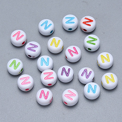 Letter N Craft Acrylic Horizontal Hole Letter Beads, Flat Round, Mixed Color, Letter.N, 7x3.5~4mm, Hole: 1.5mm, about 3600pcs/500g