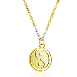Golden 201 Stainless Steel Pendants Necklaces, with Cable Chains, Flat Round with Tai Ji, Golden, 16.3 inch(40cm), 1mm