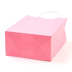 Pink Sacs en papier kraft de couleur pure, sacs-cadeaux, sacs à provisions, avec poignées en ficelle de papier, rectangle, rose, 27x21x11 cm