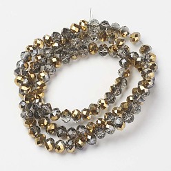 Goldenrod Electroplate Transparent Glass Beads Strands, Half Golden Plated, Faceted, Rondelle, Goldenrod, 3x2mm, Hole: 0.8mm, about 150~155pcs/strand, 15~16 inch(38~40cm)