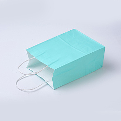 Cyan Sacs en papier kraft de couleur pure, sacs-cadeaux, sacs à provisions, avec poignées en ficelle de papier, rectangle, cyan, 27x21x11 cm