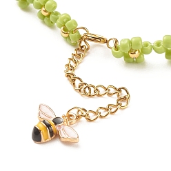 Yellow Green Glass Seed Beaded Flower Necklace with Alloy Enamel Bee Charm, Braided Jewelry for Women, Golden, Yellow Green, 12.60 inch(32cm)