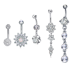 Platine Bijoux piercing laiton, anneaux de ventre, avec verre strass, formes mixtes, platine, 22~64mm, barre : 15 jauge (1.5 mm), 5 pièces / kit, longueur de la barre : 3/8"(10mm)