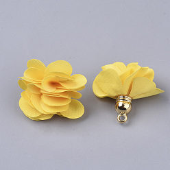 Gold Cloth Pendant Decorations, with Acrylic Findings, Flower, Gold, 25~30x28~35mm, Hole: 2mm