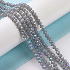 Gray Electroplate Opaque Solid Color Glass Beads Strands, Half Rainbow Plated, Faceted, Rondelle, Gray, 4x3mm, Hole: 0.4mm, about 123~127pcs/strand, 16.5~16.9 inch(42~43cm)