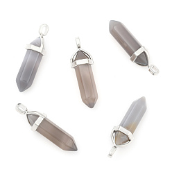 Grey Agate Natural Grey Agate Double Terminated Pointed Pendants, with Random Alloy Pendant Hexagon Bead Cap Bails, Bullet, Platinum, 37~40x12mm, Hole: 3mm