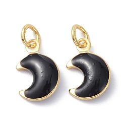 Black Brass Enamel Charms, Real 18K Gold Plated, with Jump Rings, Moon, Cadmium Free & Lead Free, Black, 11x7x3.5mm, Hole: 2.6mm