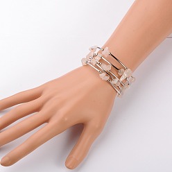 Rose Quartz Gemstone Chip Warp Bracelets, Steel Bracelet Memory Wire with Brass Tube Beads and Iron Round Beads, Platinum, Rose Quartz, 53mm