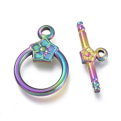 Rainbow Color Ion Plating(IP) 304 Stainless Steel Toggle Clasps, Ring, Rainbow Color, Ring: 19x13.5x2.7mm, Hole: 1.8mm, Bar: 19.5x7x2.5mm, Hole: 1.2mm