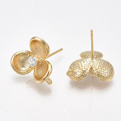 Real 18K Gold Plated Brass Cubic Zirconia Stud Earring Findings, with Loop, Flower, Clear, Nickel Free, Real 18K Gold Plated, 15.5x14.5mm, Hole: 1mm, Pin: 0.8mm