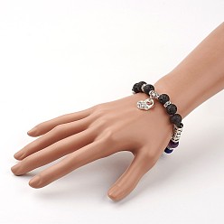 Lave Bracelets à breloques en pierre de lave naturelle, chakra bracelets extensibles, avec les accessoires en alliage et les accessoires en laiton, cœur, 58 mm (2-1/4 pouces)