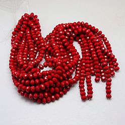 Crimson Imitation Jade Glass Bead Strands, Faceted, Rondelle, Crimson, 10x8mm, Hole: 1mm, about 66pcs/strand, 21.2 inch