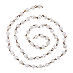 Creamy White Handmade Round Glass Pearl Beads Chains for Necklaces Bracelets Making, with Antique Bronze Iron Eye Pin, Unwelded, Creamy White, 39.3 inch, Bead: 6mm