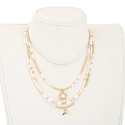 Golden Beaded Necklaces & Pendant Necklace Sets, with Brass Beads & Whale Tail Pendants, Natural Pearl Beads, Glass Beads, Shell Shape Alloy Charms and 304 Stainless Steel Lobster Claw Clasps, Light Salmon, Golden, 17.91 inch(45.5cm), 3pcs/set