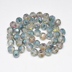 Sky Blue Electroplate Glass Beads Strands, Rainbow Plated, Frosted, Faceted, Round, Sky Blue, 9~10x9~10mm, Hole: 2mm, about 72pcs/strand, 25.98 inch