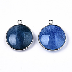 Steel Blue Natural Crackle Agate Pendants, with Platinum Plated Brass Findings, Dyed & Heated, Flat Round, Steel Blue, 27~28x23~24x7~9.5mm, Hole: 2mm