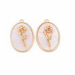 June Rose Brass Birth Floral Pendants, Oval with Flower Mother of Pearl White Shell Charms, Nickel Free, Real 18K Gold Plated, June Rose, 27x18x4mm, Hole: 1.8mm