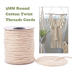 Light Yellow Round Cotton Twist Threads Cords, Macrame Cord, Light Yellow, 3mm, about 50yards/roll(150 feet/roll), 3rolls/bag