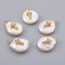 Real 18K Gold Plated Natural Cultured Freshwater Pearl Pendants, with Cubic Zirconia and Brass Findings, Long-Lasting Plated, Cross, Real 18K Gold Plated, 14~21x9~16x5~9mm, Hole: 1.5mm