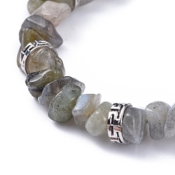 Labradorite Natural Labradorite Chip Bracelets, with Flat Round Tibetan Style Alloy Spacers Beads and Stainless Steel Findings, 7-1/4 inch~7-3/8 inch(18.4~18.8cm)