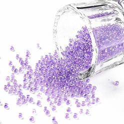 Lilac 11/0 Grade A Round Glass Seed Beads, Transparent Inside Colours, AB Color Plated, Lilac, 2.3x1.5mm, Hole: 1mm, about 48500pcs/pound