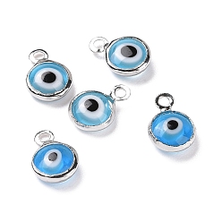 Real Platinum Plated Handmade Evil Eye Lampwork Charms, with Brass Findings, Flat Round, Blue, Real Platinum Plated, 10x6.5x3mm, Hole: 1.5mm