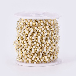 White Handmade Glass Beaded Chains, Soldered, with Brass Findings, with Spool, Long-Lasting Plated, Golden, Cube, White, 2.3~2.8x2.3~2.8x2.3~2.8mm, 2mm, about 32.8 Feet(10m)/roll