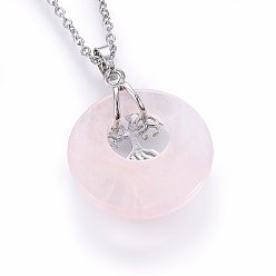 Rose Quartz Natural Rose Quartz Pendant Necklaces, with 304 Stainless Steel Findings, Flat Round with Tree, 19.68 inch(50cm), Pendant: 40x28x6mm