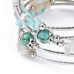 Turquoise Synthétique Cinq boucles turquoise synthétique (teinte) et amazonite naturelle, bracelets de pierre de lune, laiton avec des perles tubulaires, perles d'espacement en fer et chapeaux de perles en alliage de style tibétain, 2-1/4 pouce (5.6 cm)