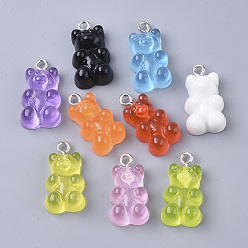 Mixed Color Resin Pendants, with Platinum Tone Iron Loop, Imitation Food, Bear, Mixed Color, 20.5~22.5x11.5x7mm, Hole: 2mm