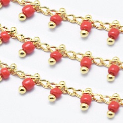 Red Handmade Glass Beaded Chains, Soldered, with Spool, Brass Chain, Golden, Long-Lasting Plated, Red, 6x2mm, Chain: about 2mm wide, about 32.8 Feet(10m)/roll