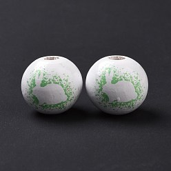 Light Green Easter Theme Printed Wood European Beads, Large Hole Beads, Round with Rabbit Pattern, Light Green, 16x14.5mm, Hole: 4mm