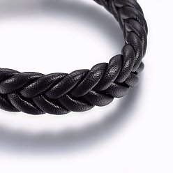 Black Leather Braided Cord Bracelets, 304 Stainless Steel Magnetic Clasp, Rectangle, Black, 8-5/8 inch(22cm), 13x6mm