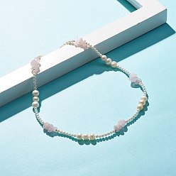 Rose Quartz Natural Rose Quartz Chip Beaded Necklace for Girl Women, Vintage Shell Pearl Beads Necklace, Golden, 15.98 inch(40.6cm)