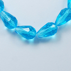 Deep Sky Blue Glass Beads Strands, Faceted, teardrop, Deep Sky Blue, 15x10mm, Hole: 2mm, about 48pcs/strand, 27.56 inch(70cm)