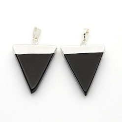 Black Agate Gemstone Triangle Pendants, with Silver Color Plated Brass Findings, Black Agate, 34x22~28x4mm, Hole: 8x5mm