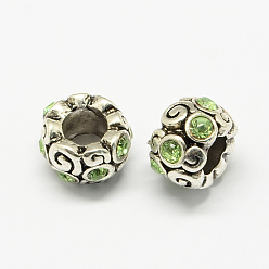 Peridot Alloy Rhinestone European Beads, Rondelle Large Hole Beads, Antique Silver, Peridot, 11x8mm, Hole: 6mm