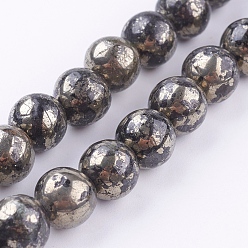 Pyrite Chapelets de perles pyrite naturelles , ronde, 8mm, Trou: 1mm, Environ 25 pcs/chapelet, 8 pouce